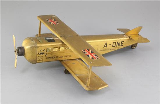 A William Crawford & Sons Ltd tinplate Crawfords Air Service Aeroplane biscuit tin, 15in.